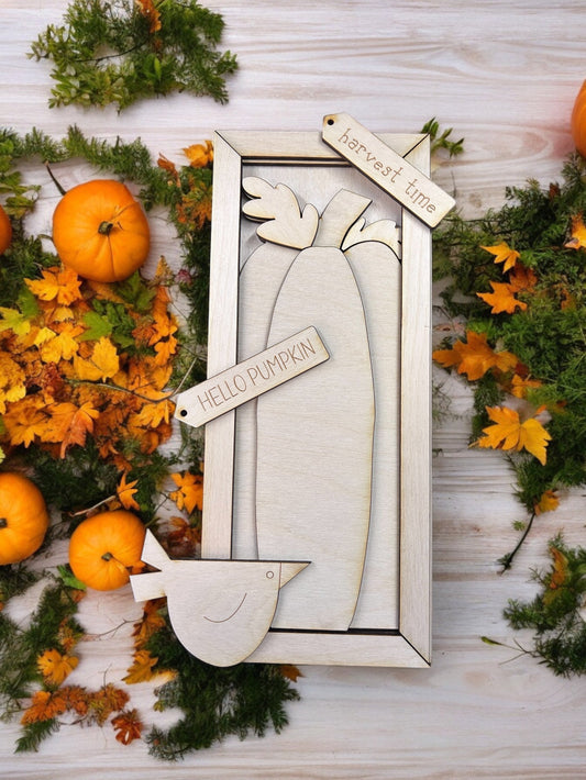Hello Pumpkin with Harvest Crow Framed Sign Unpainted wood cutout Kit.