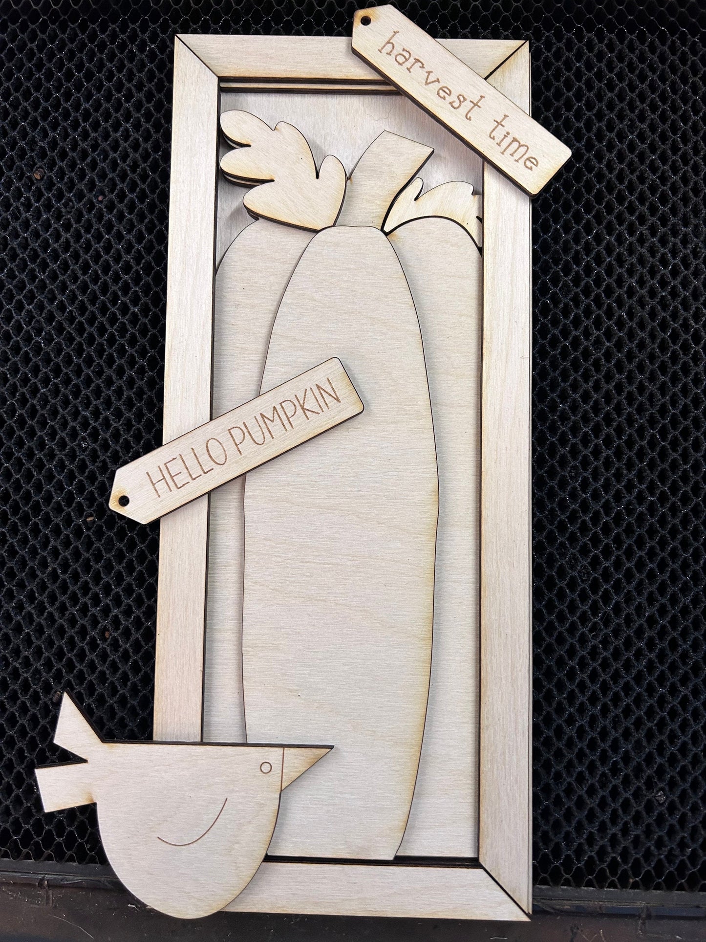 Hello Pumpkin with Harvest Crow Framed Sign Unpainted wood cutout Kit.