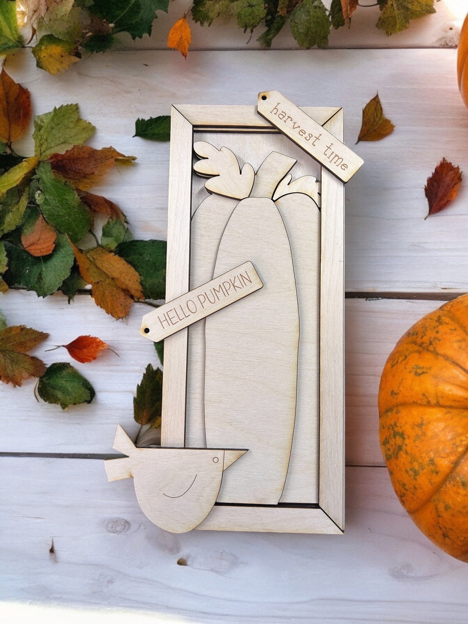 Hello Pumpkin with Harvest Crow Framed Sign Unpainted wood cutout Kit.