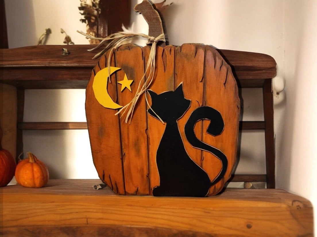 Vintage Pumpkin with Cat Shelf Sitter Unpainted wood cutout Kit.