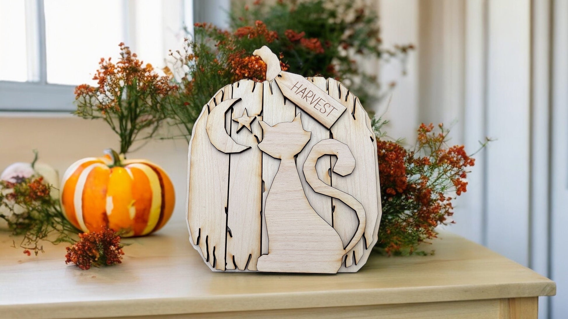 Vintage Pumpkin with Cat Shelf Sitter Unpainted wood cutout Kit.