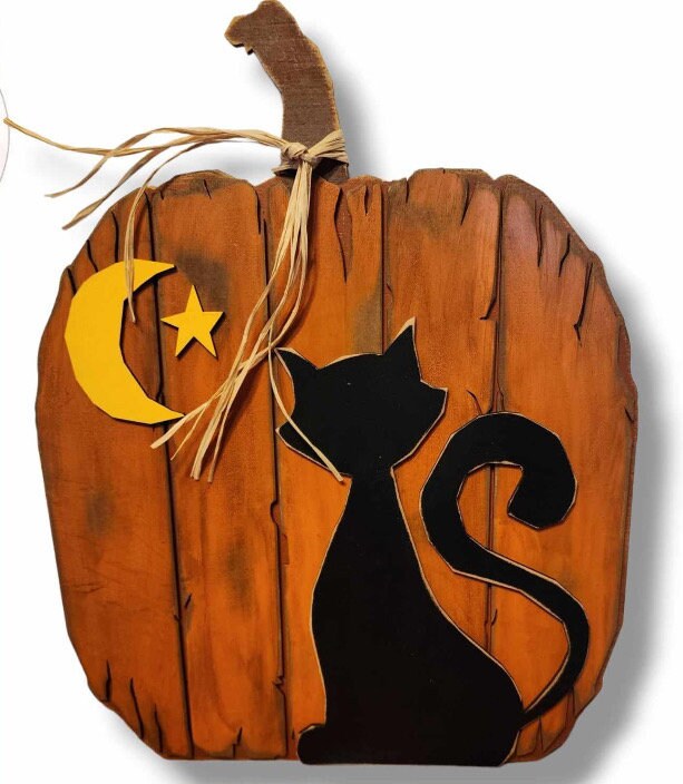 Vintage Pumpkin with Cat Shelf Sitter Unpainted wood cutout Kit.