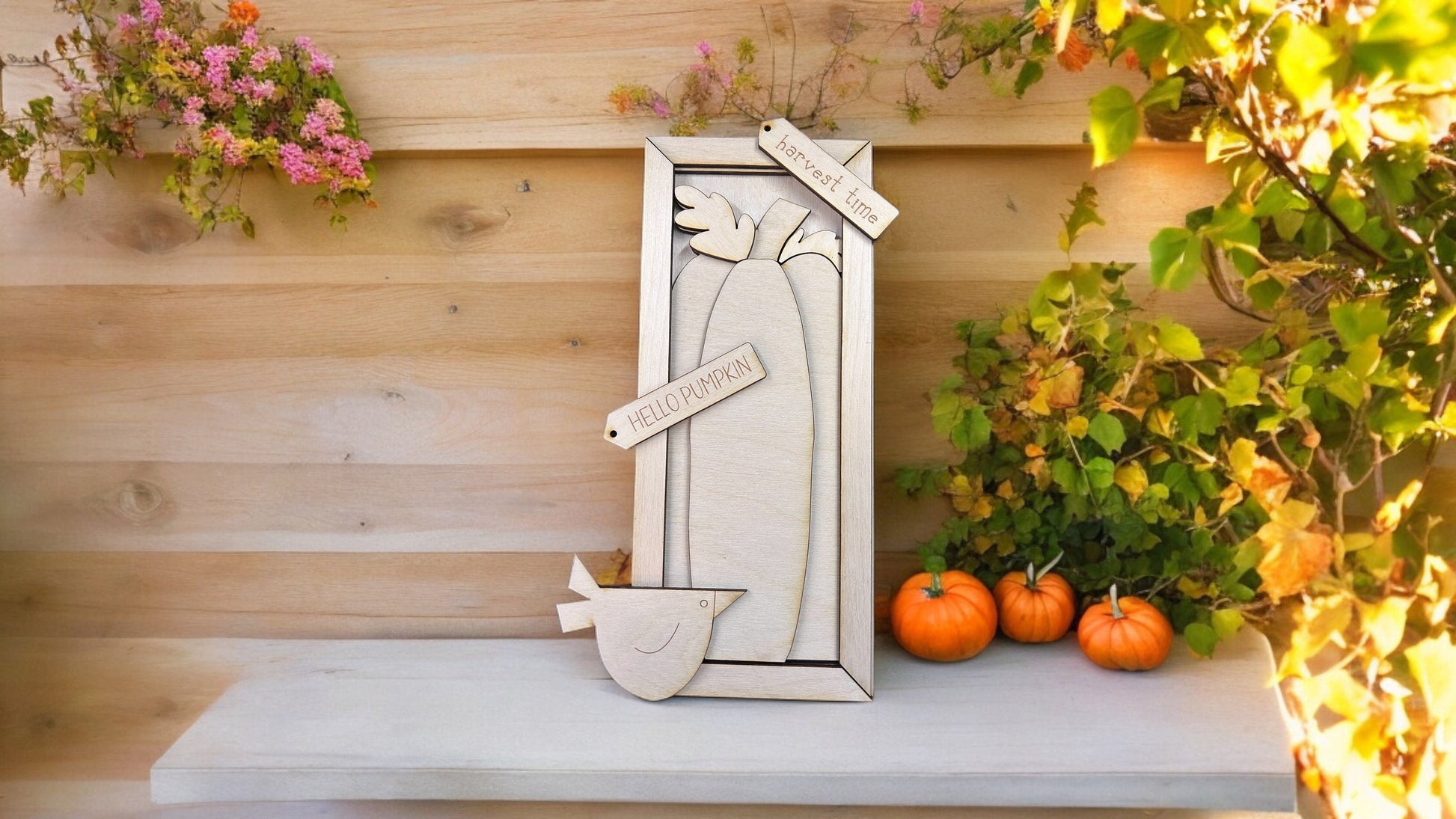 Hello Pumpkin with Harvest Crow Framed Sign Unpainted wood cutout Kit.