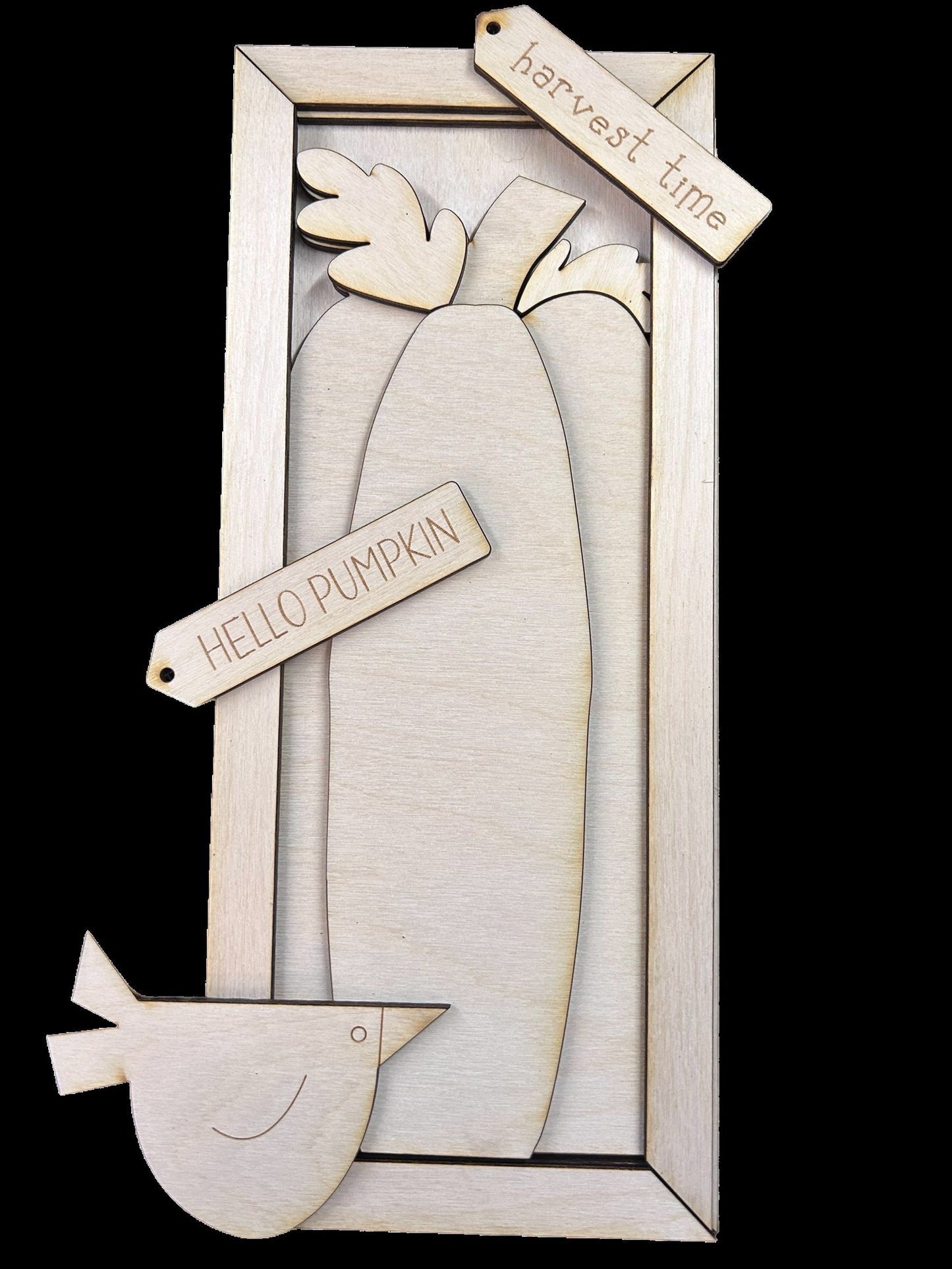 Hello Pumpkin with Harvest Crow Framed Sign Unpainted wood cutout Kit.