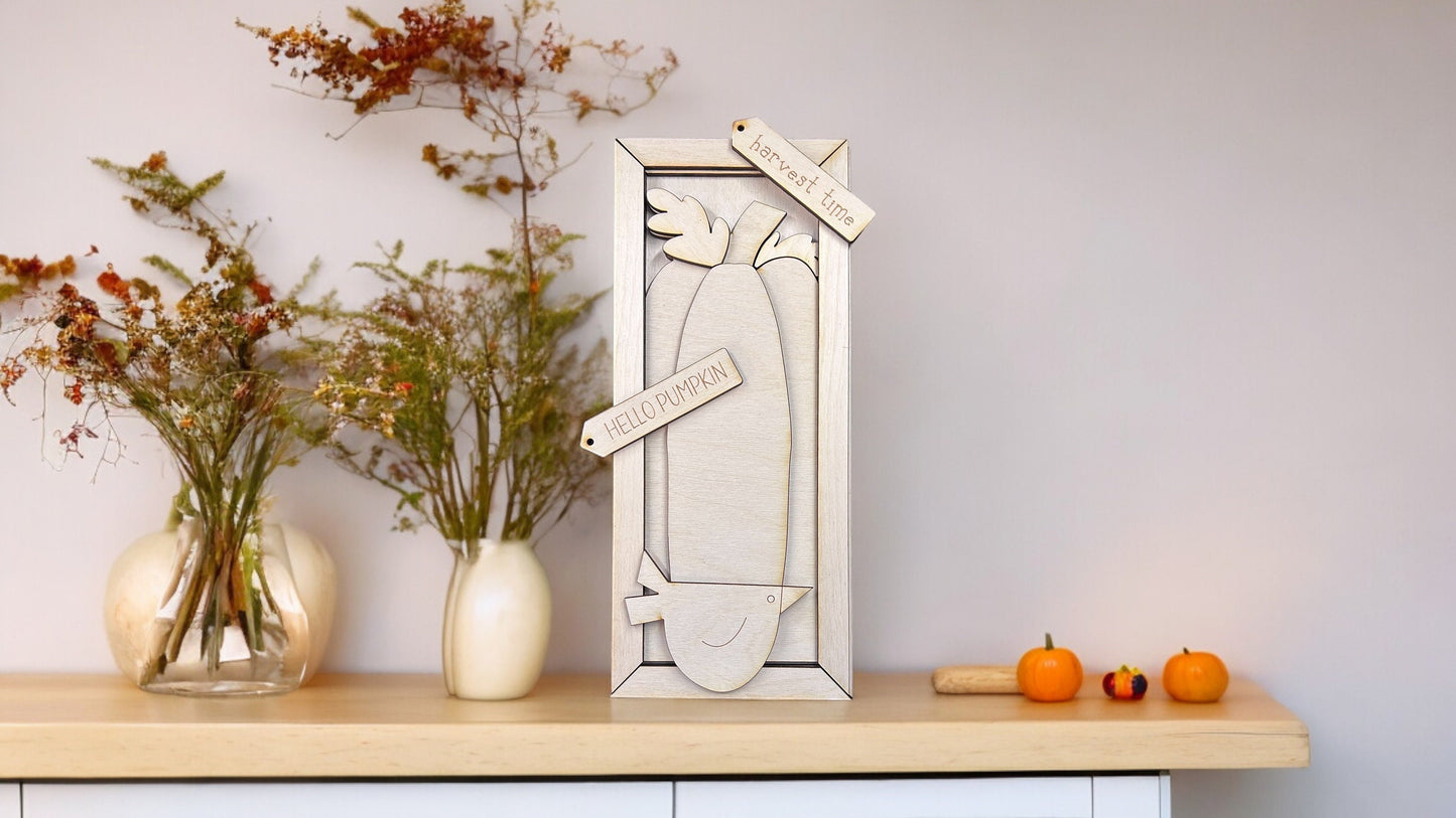 Hello Pumpkin with Harvest Crow Framed Sign Unpainted wood cutout Kit.