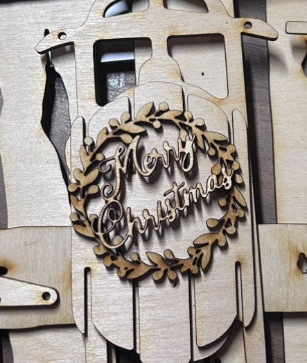 SLED With Merry Christmas Wreath for the Barnwood door (Sold separately) Unpainted/ Unassembled DIY Kit (Do it yourself)