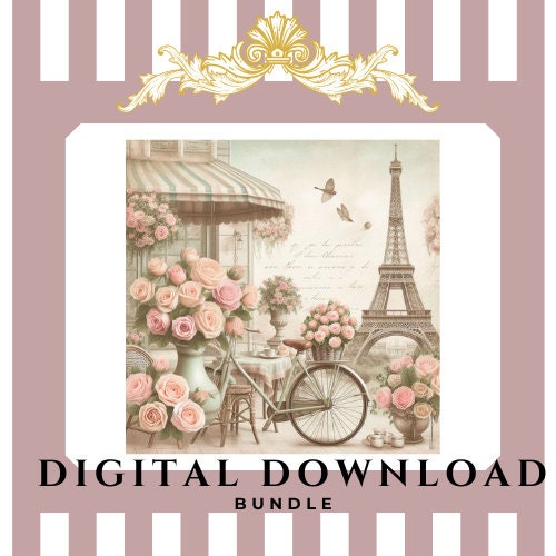 Vintage Paris Pink Roses and Bike Digital Print