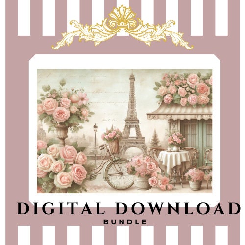 Vintage Paris Pink Roses and Bike Digital Print