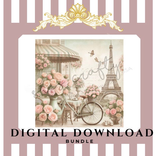 Vintage Paris Pink Roses and Bike Digital Print