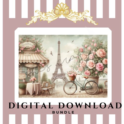 Vintage Paris Pink Roses and Bike Digital Print