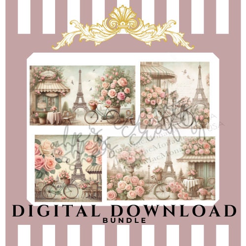 Vintage Paris Pink Roses and Bike Digital Print