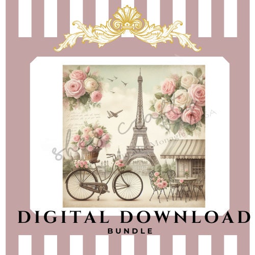 Vintage Paris Pink Roses and Bike Digital Print