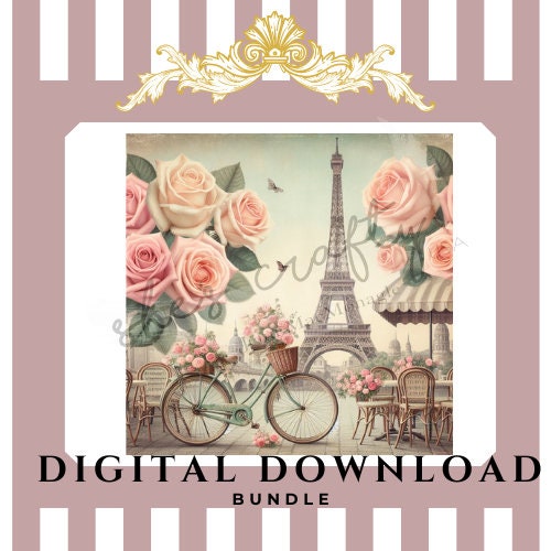 Vintage Paris Pink Roses and Bike Digital Print