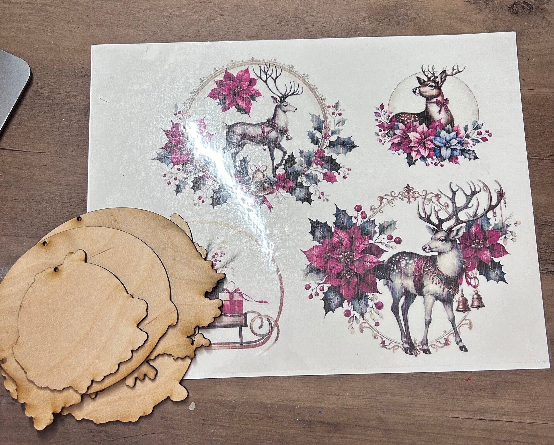 Reindeer Tattoo Paper kit with Unpainted Wood Ornament cutouts