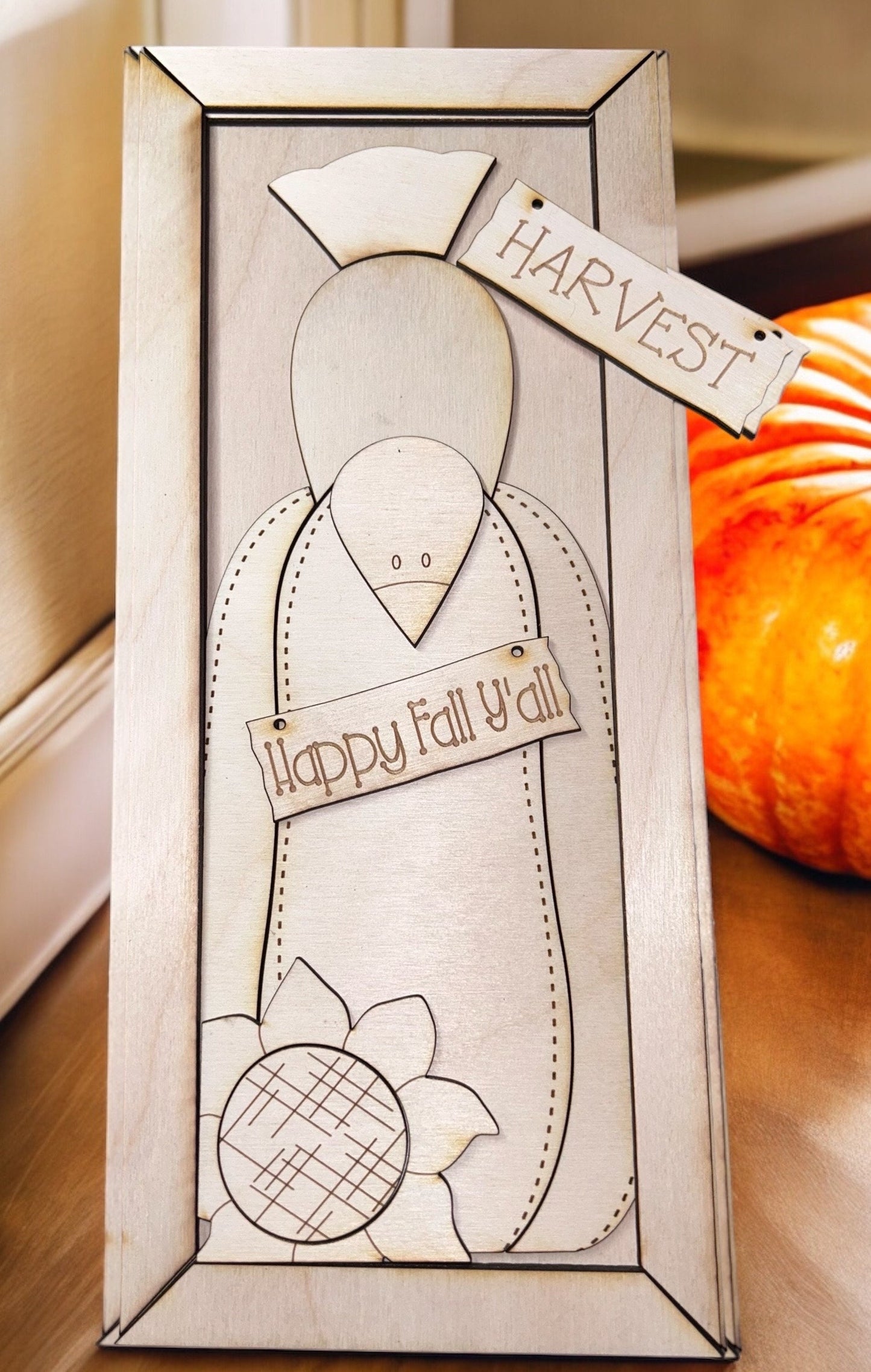 Happy Fall Yall Pumpkin with Crow Framed Sign Unpainted wood cutout Kit.