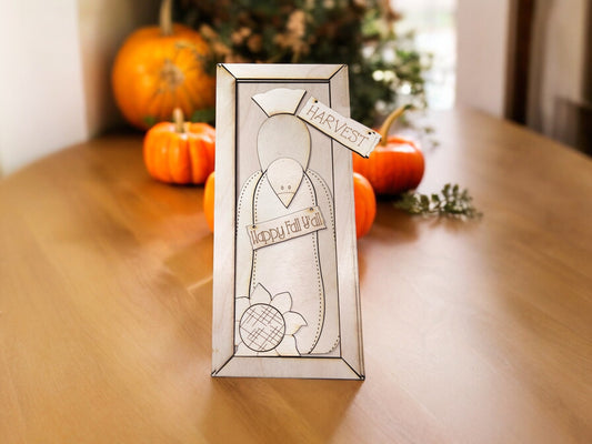 Harvest Pumpkin with Crow and Sunflower Framed Sign Unpainted wood cutout Kit.