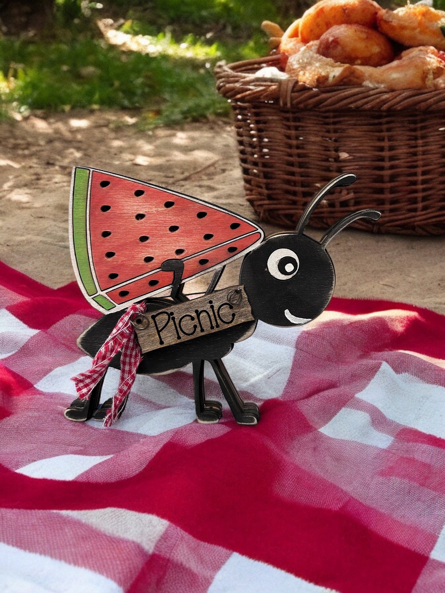 Picnic Ant with Watermelon Unpainted wood cutout Kit.