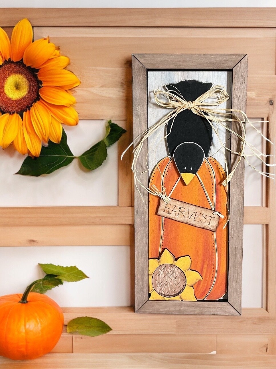 Happy Fall Yall Pumpkin with Crow Framed Sign Unpainted wood cutout Kit.